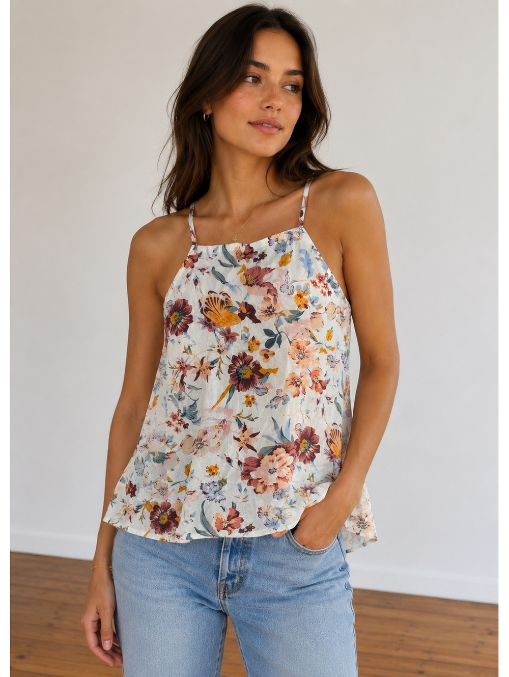 Kendall & Kylie Floral Rayon Swing Cami Tank Top Boho Festival Size M